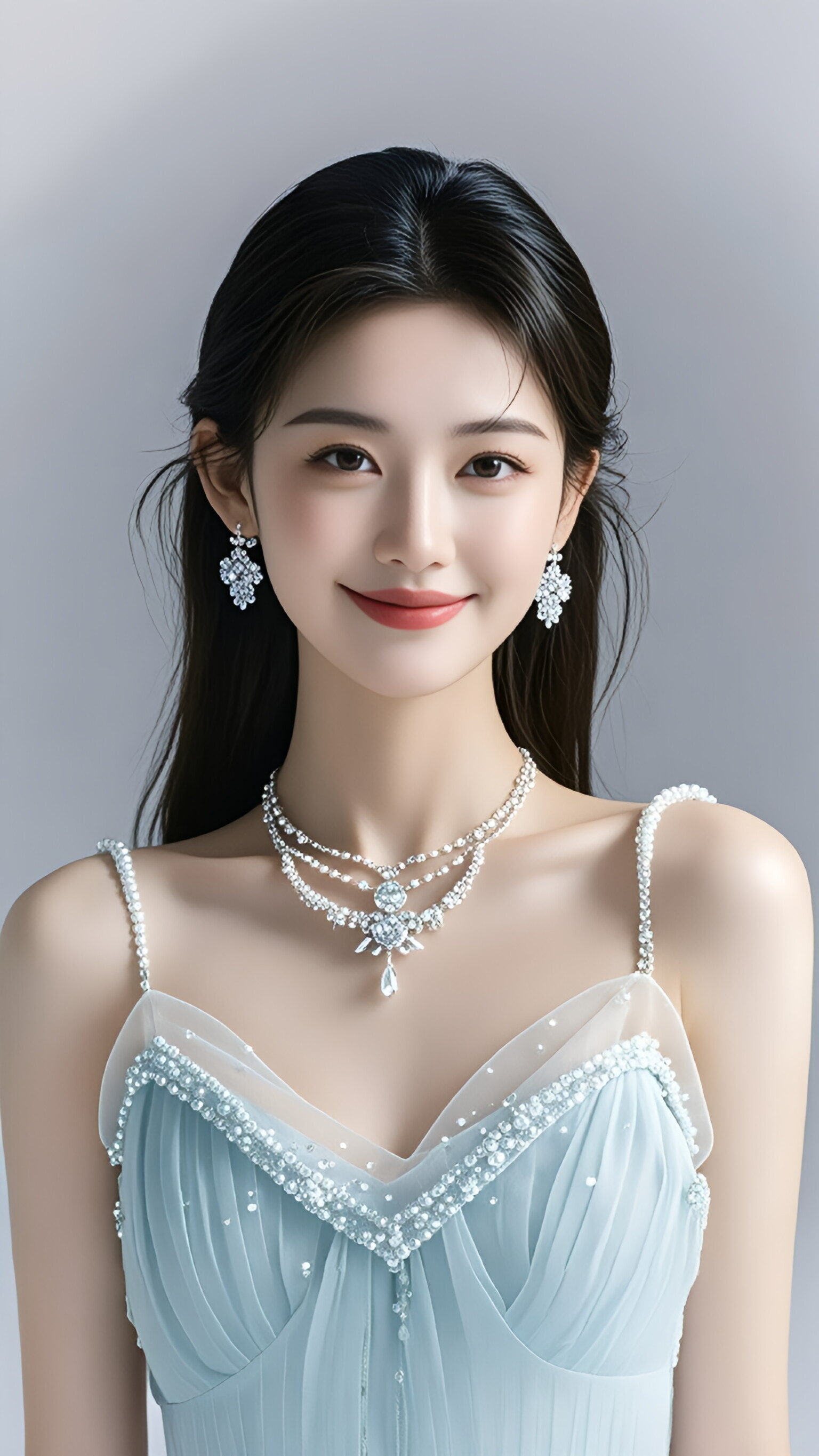 在高雅的浅灰背景前,她似一颗闪耀的星辰