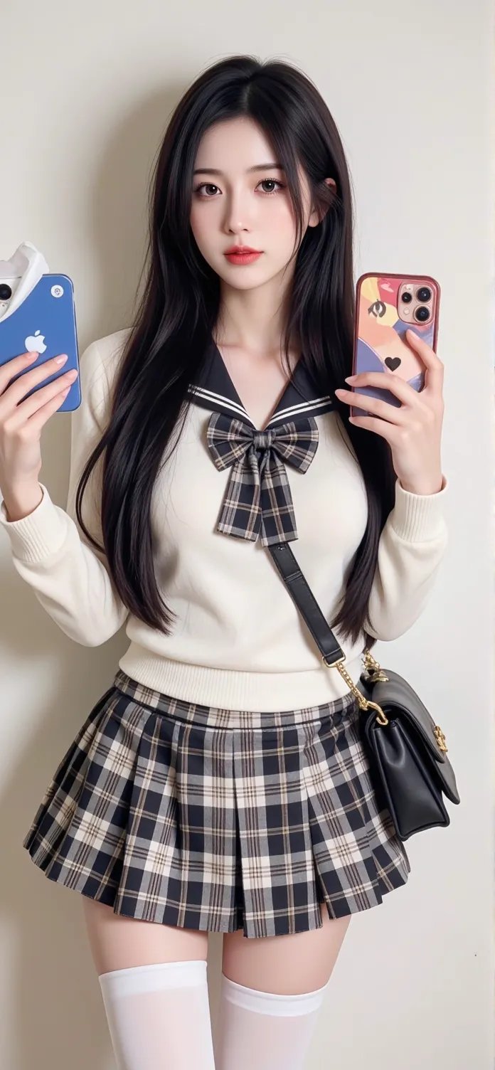 校园风瞬间,jk制服女孩俏皮自拍,白墙背景简约不简单