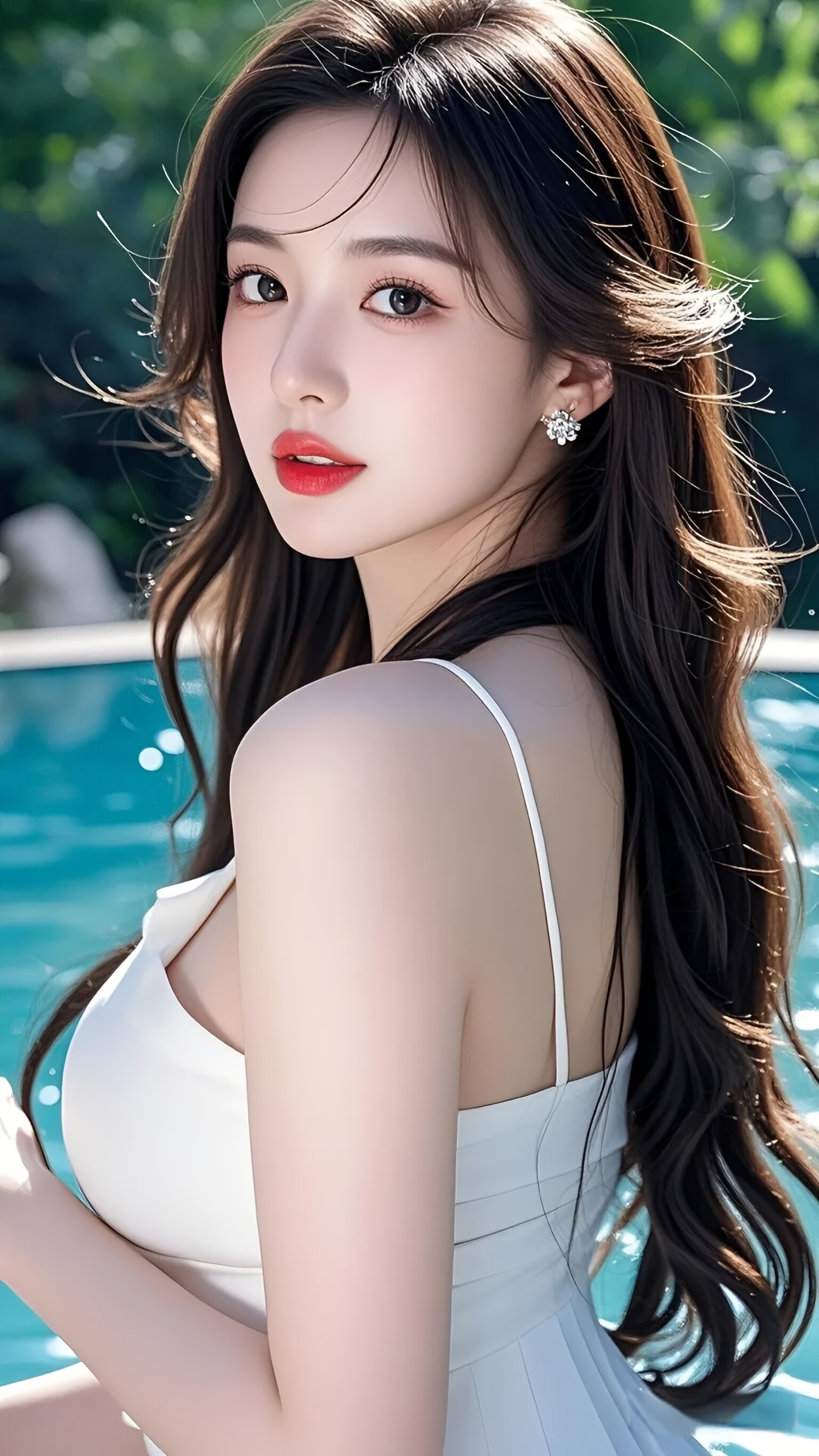 佳人如玉立花前,云鬓乌丝轻漾,映婵娟. 华裳浅蓝披银缕,耳际明珠举