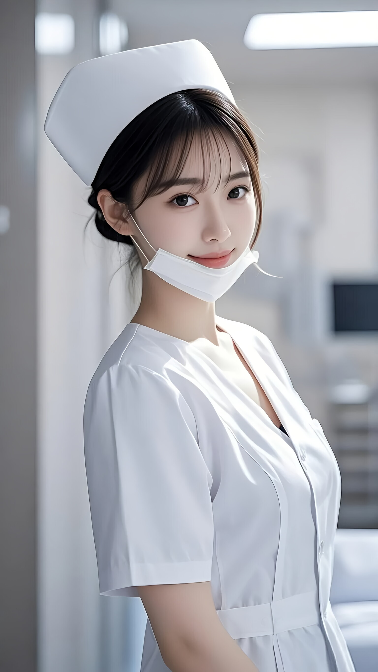 护士小姐姐"可爱地歪头微笑,"患者"躺在病床上,"点滴瓶"挂在床头,"