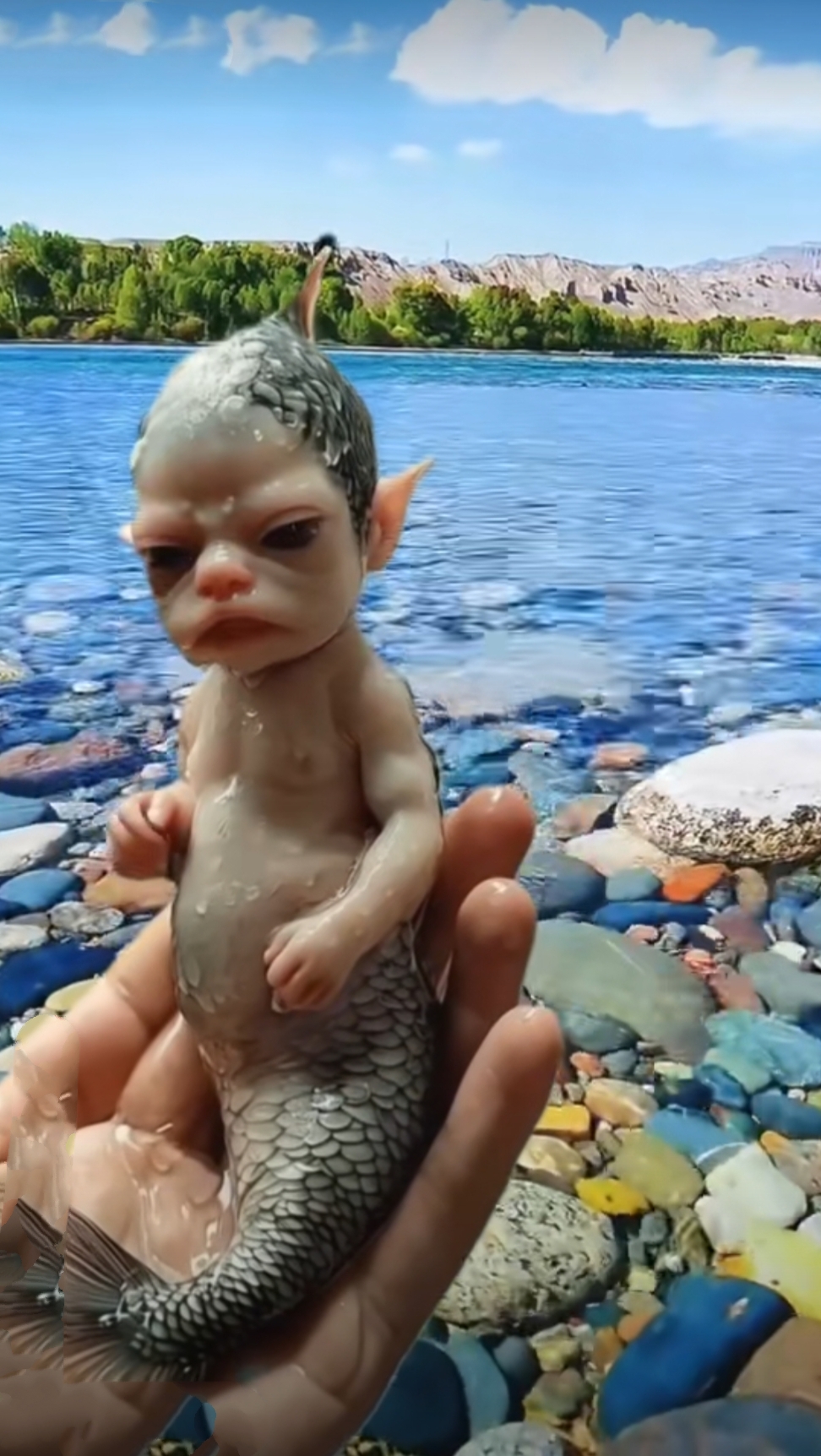 在宁静悠远的湖泊之畔,一位纯真无暇的美人鱼宝宝,它身披灰色的鳞甲