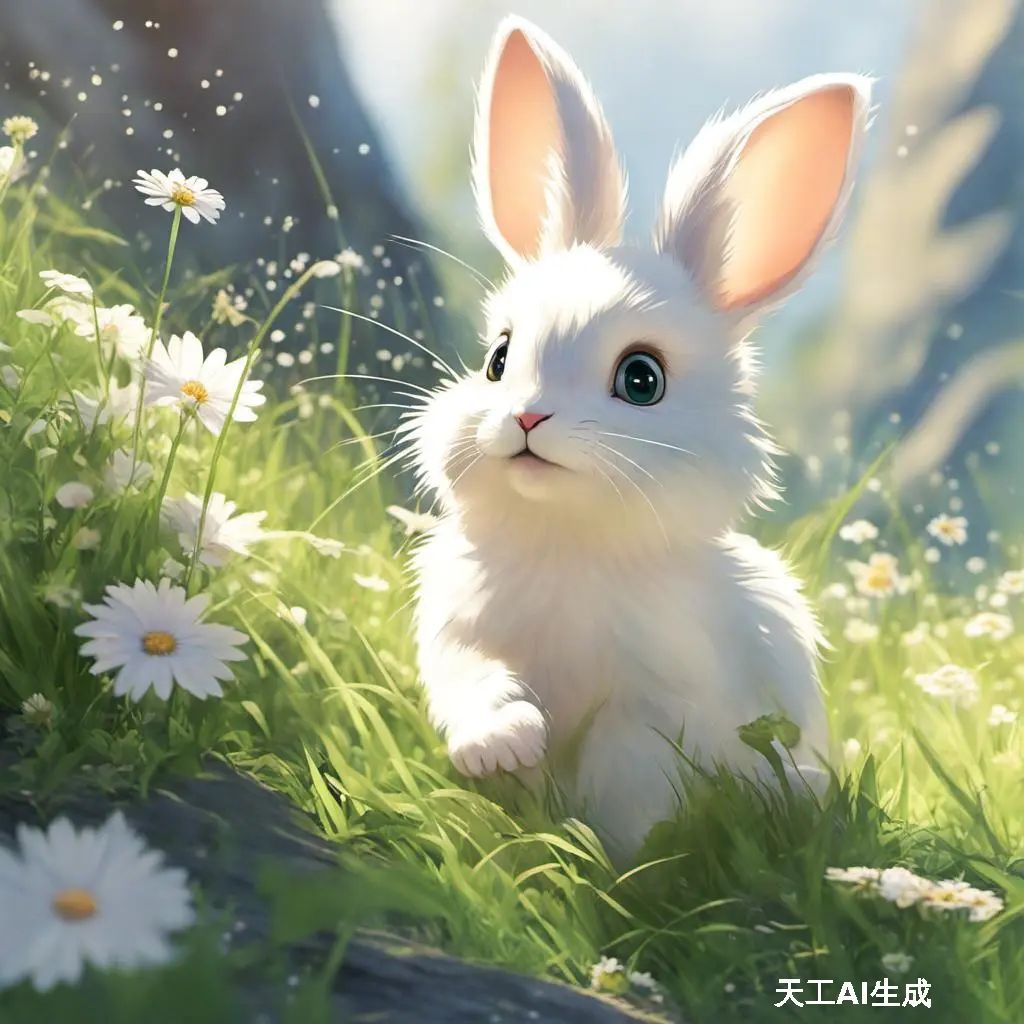 一只纯白的小兔子,毛茸茸的,静静地站在这里,仿佛是这片宁静的守护者.