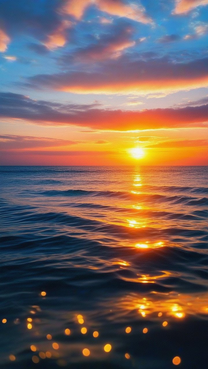 落日余晖,海面金光闪闪,美得让人屏息