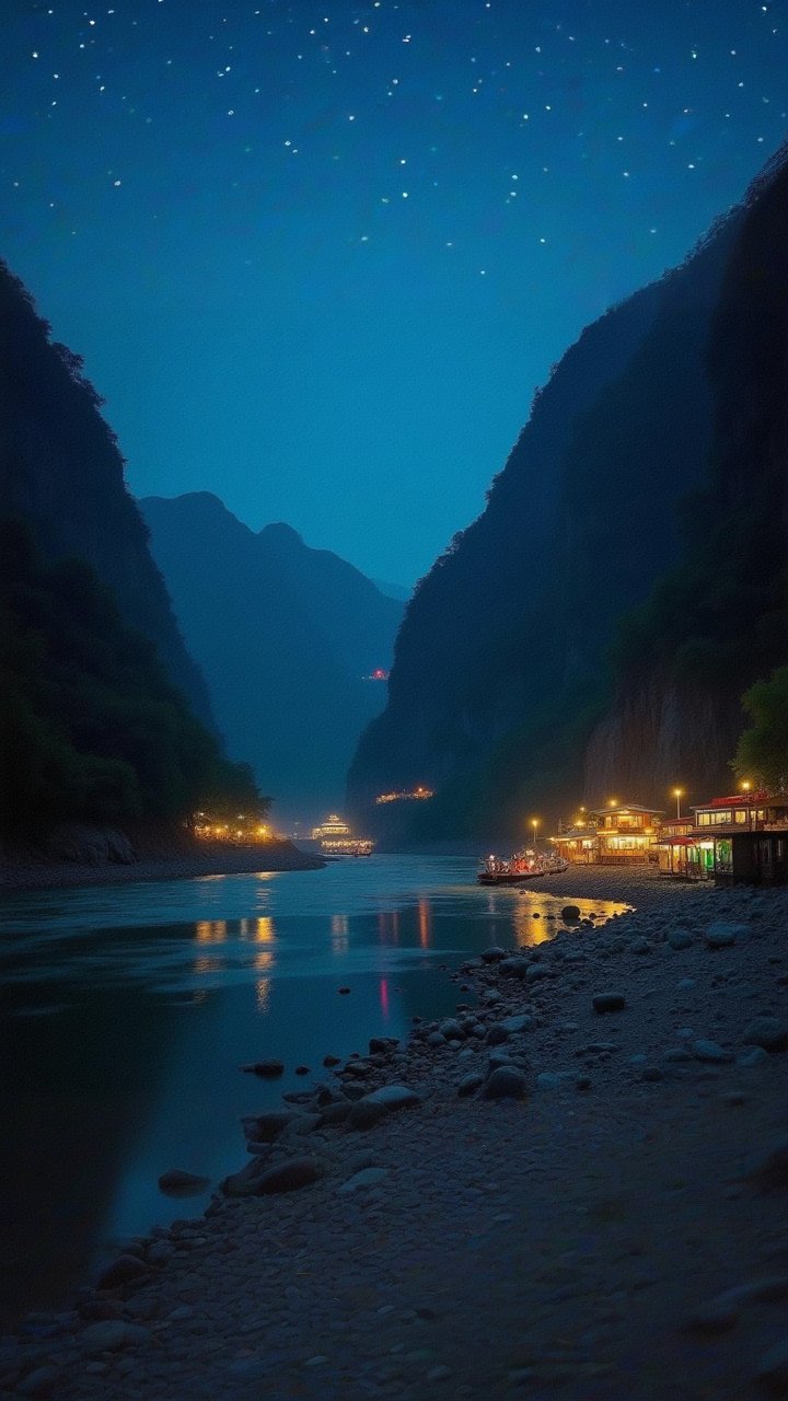 夜幕降临,星点闪烁在峡谷间的江面上,渔火点点,倒映