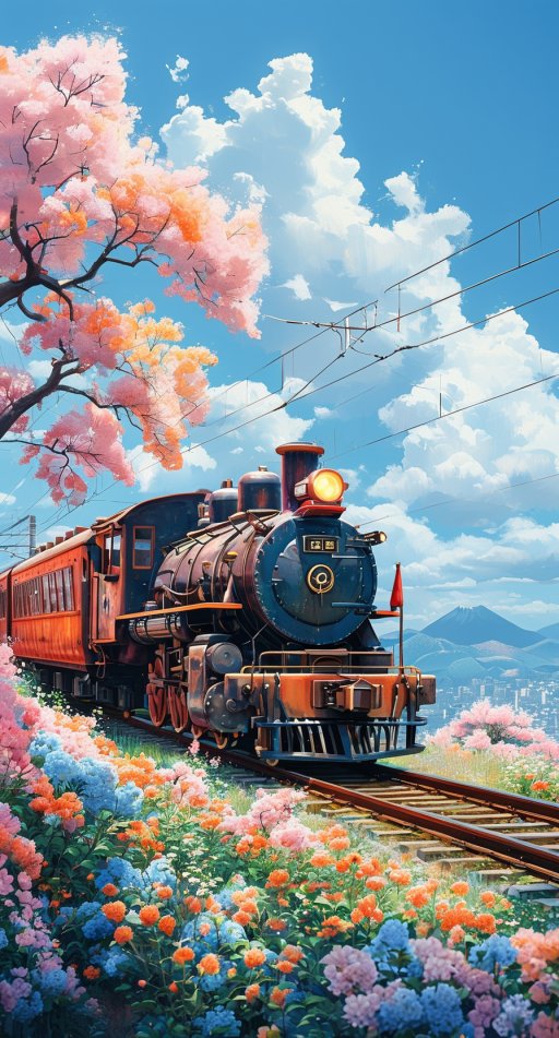 这张画面展现了一列经典的蒸汽火车,驶过色彩斑斓的花海,周围是绚丽的