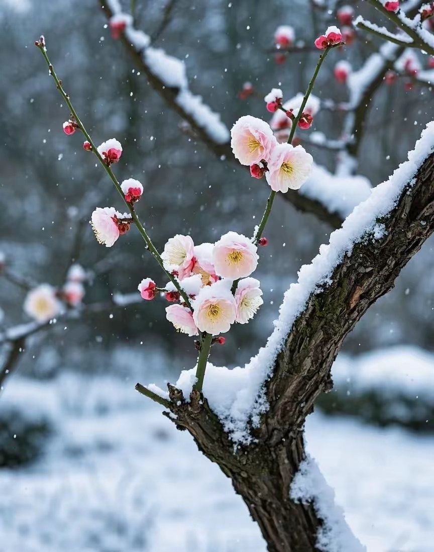 雪花轻盈飘落,为梅枝添上一层洁白的纱幔,更显清冷高洁之美