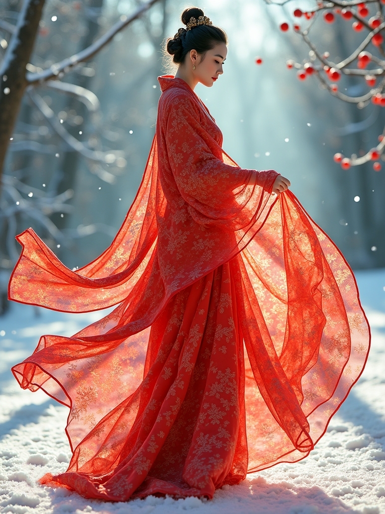 她的裙裾是冰裂釉里开出的血色纹,每一道裂痕都沁着琥珀色的光晕;披肩