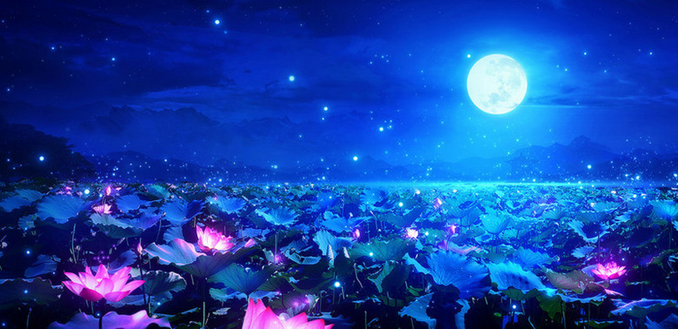 注释:夜晚,月光洒在荷塘,荷花融合月色,十里荷塘仙气飘飘就如同水云