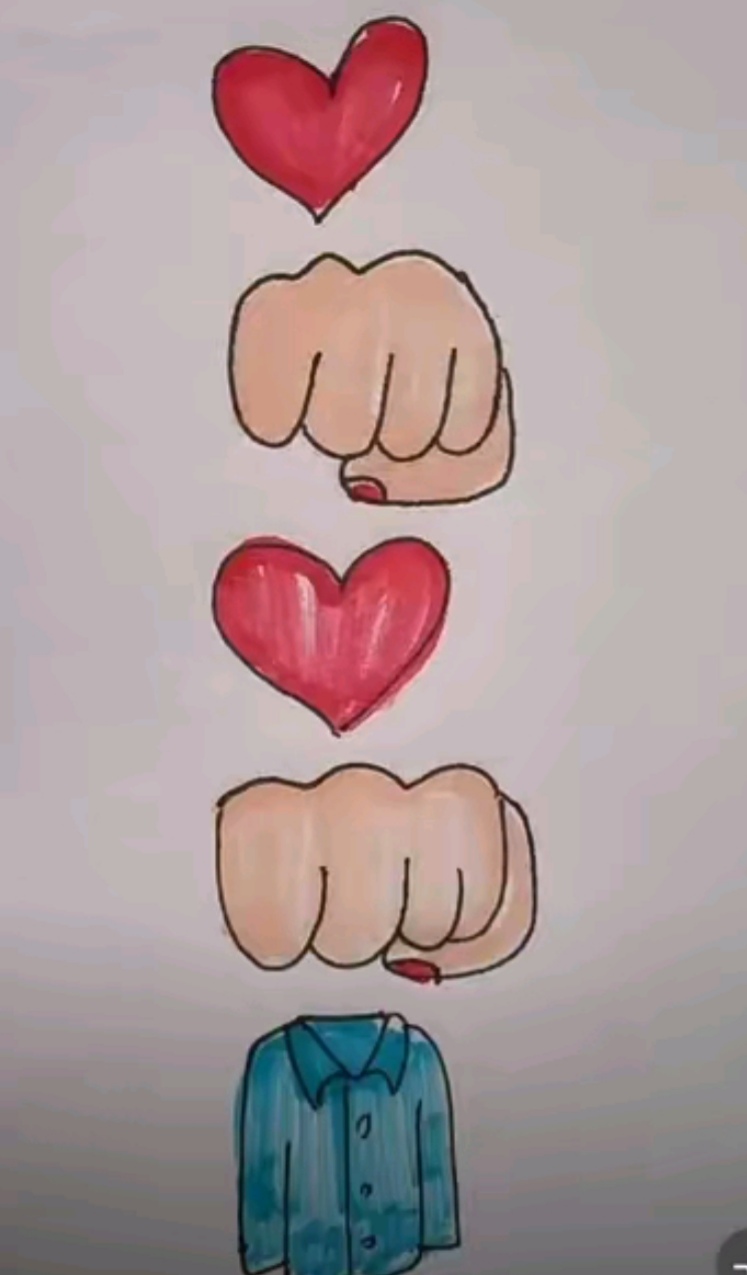 图中两颗红心,两拳拳头👊,一件衣服.