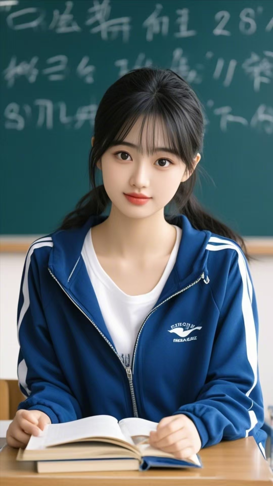 她身着蓝色校服,像校园里灵动的精灵,清新脱俗