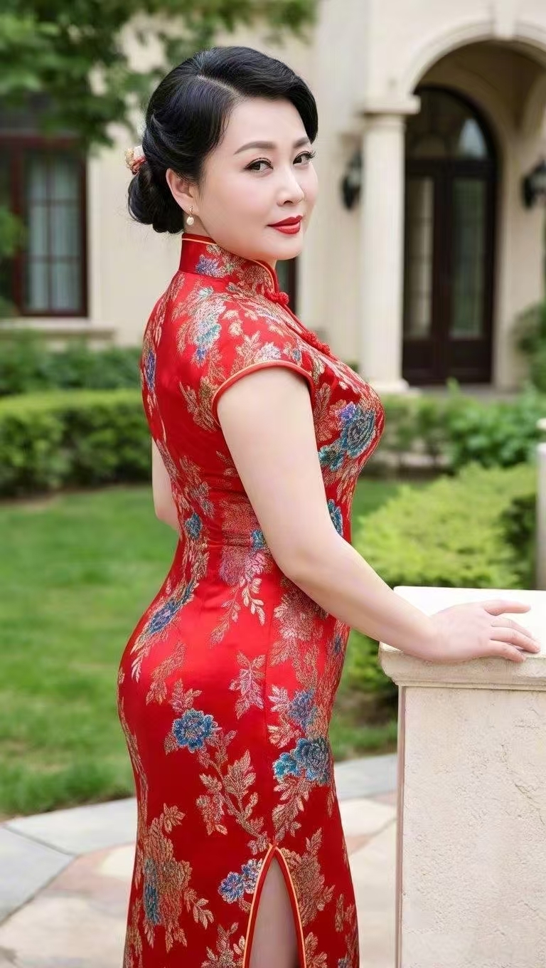 她像一朵盛开在豪华庭院中的红牡丹,红色旗袍是她娇艳的花瓣,精美的