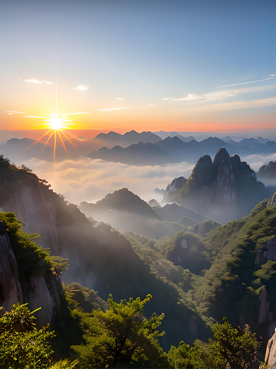 黄山云海波澜阔, 天际浮云似梦来. 峰峦之巅隐云中, 如诗如画入心怀