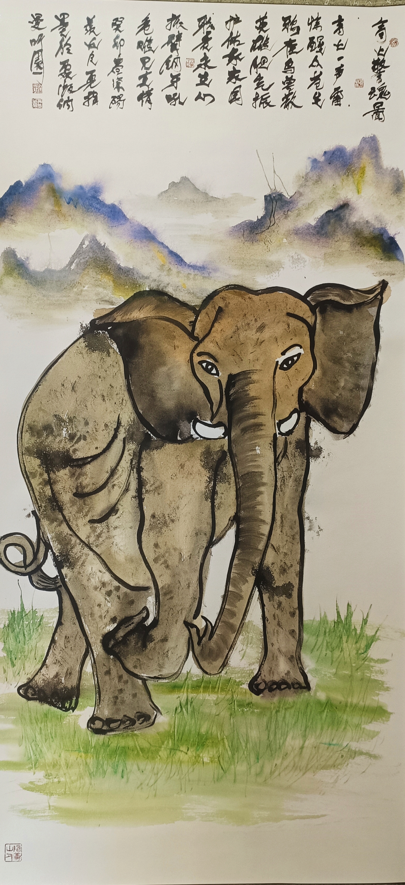 张再元手指画作品大象篇之《高山警魂图》欣赏 高山一声雷, 惊醒众