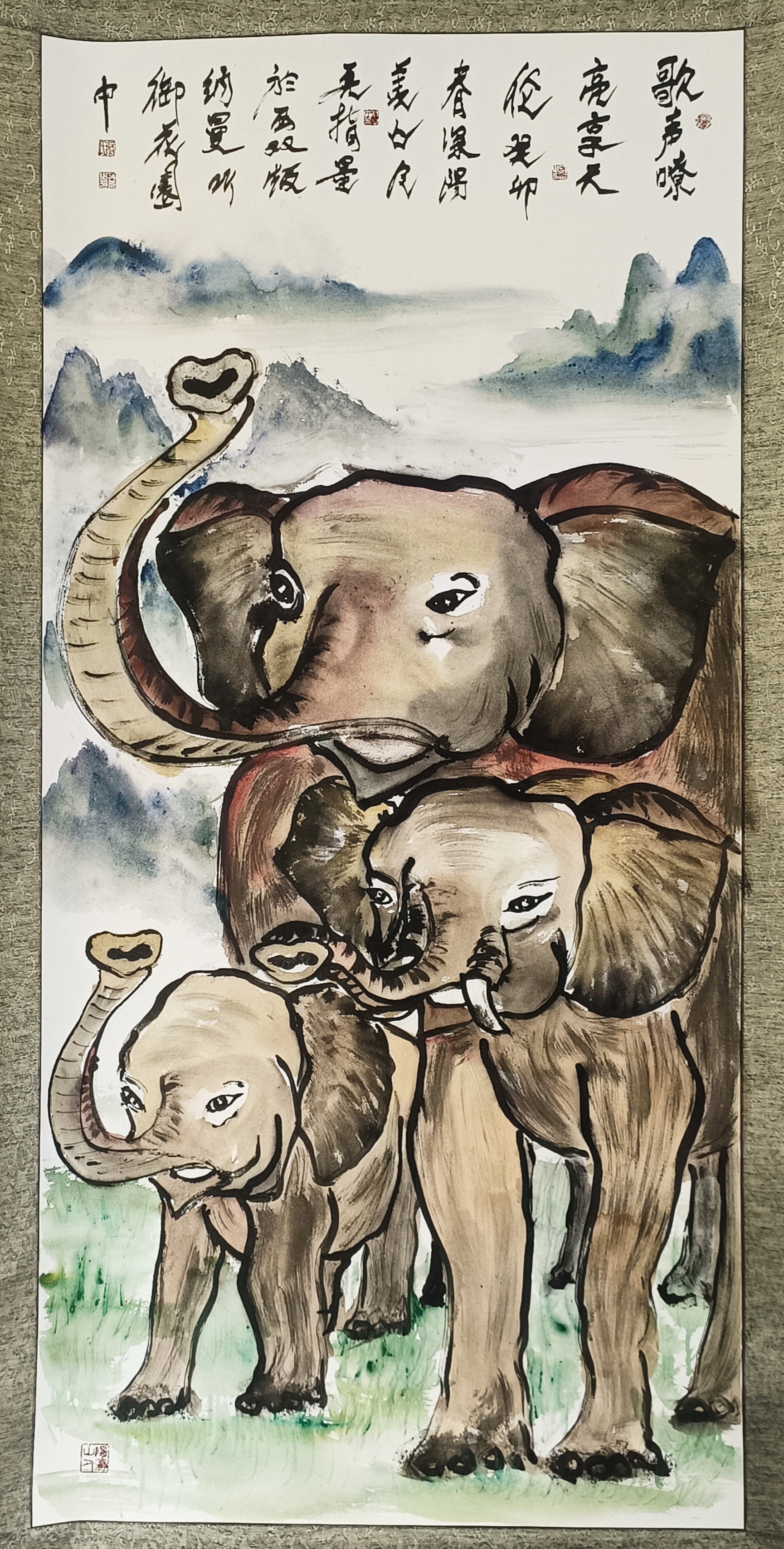 张再元手指画作品大象篇之《歌声嘹亮图》欣赏