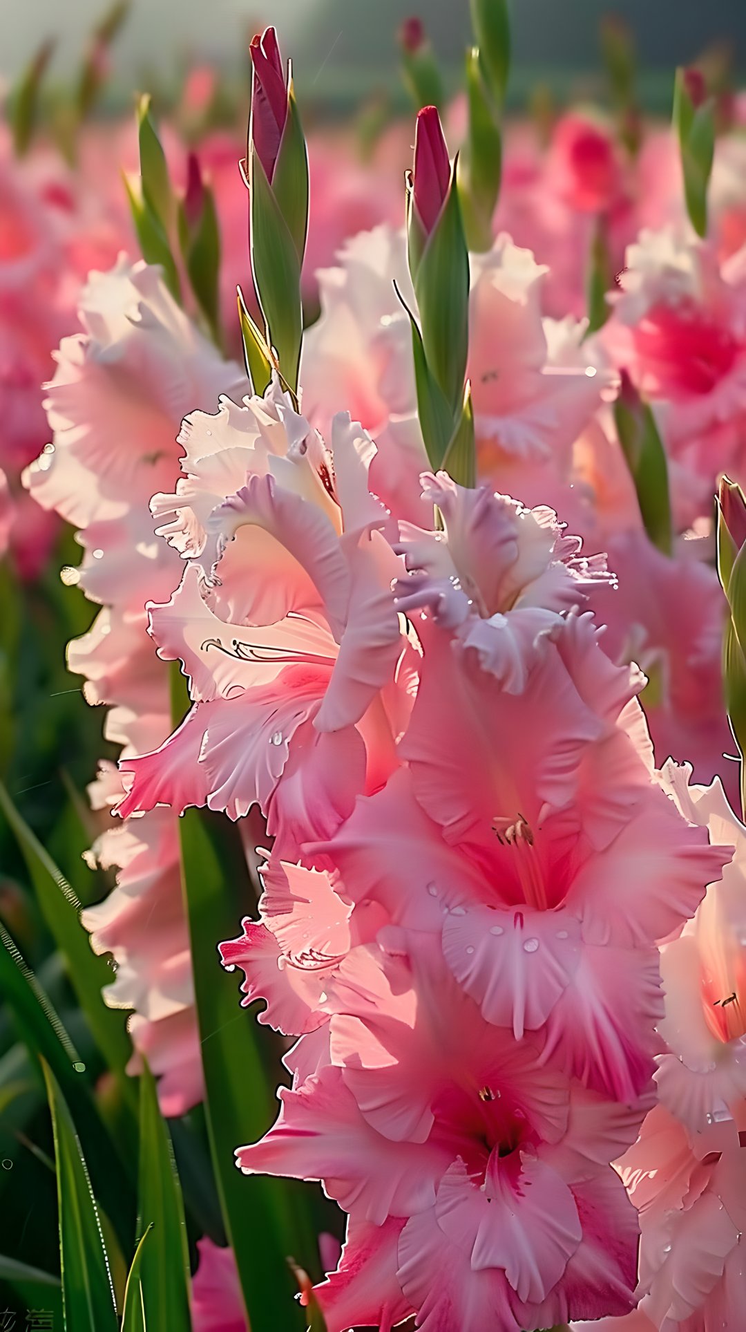 雨后花田盛景,粉色剑兰绽放如诗,这片梦幻花海等你来赏!