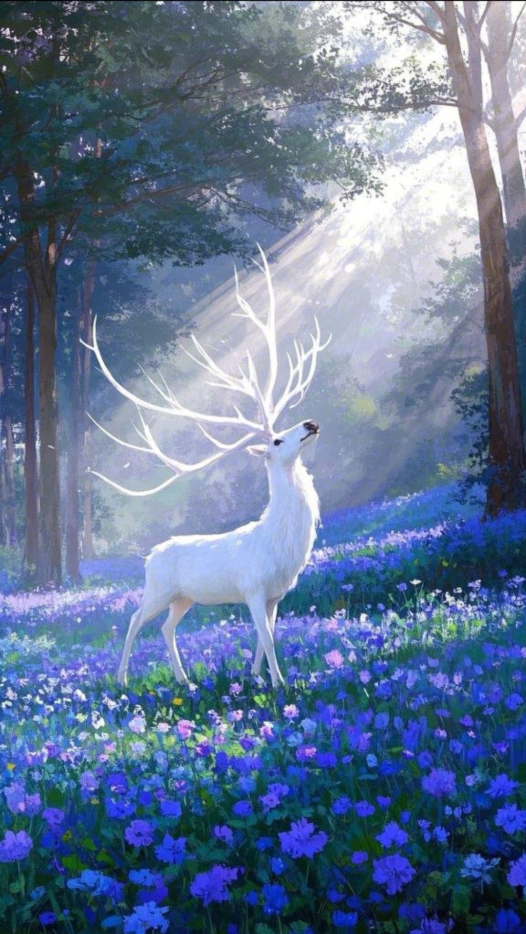 森林深处,遇见梦幻般的白鹿,在蓝花中静静绽放
