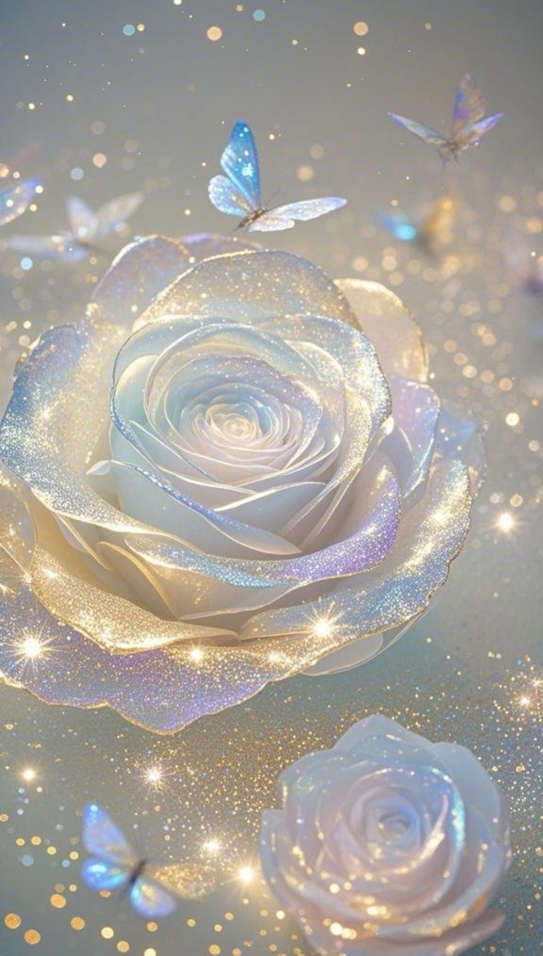 哇,这朵闪耀的玫瑰和翩翩起舞的蝴蝶,美得让人屏息,仿佛置身梦幻仙境