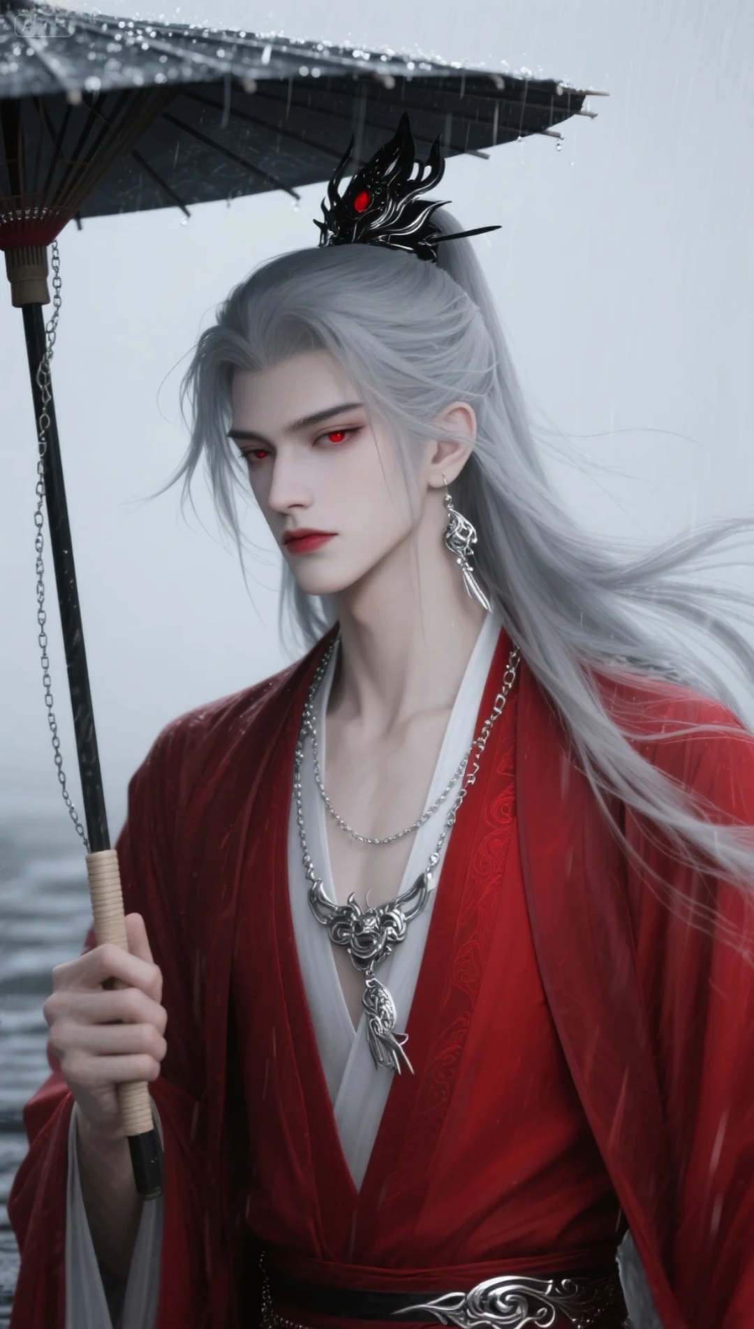 雨中漫步,红衣如画,银发似雪,撑一把古风伞,穿越千年时光,只为寻找那