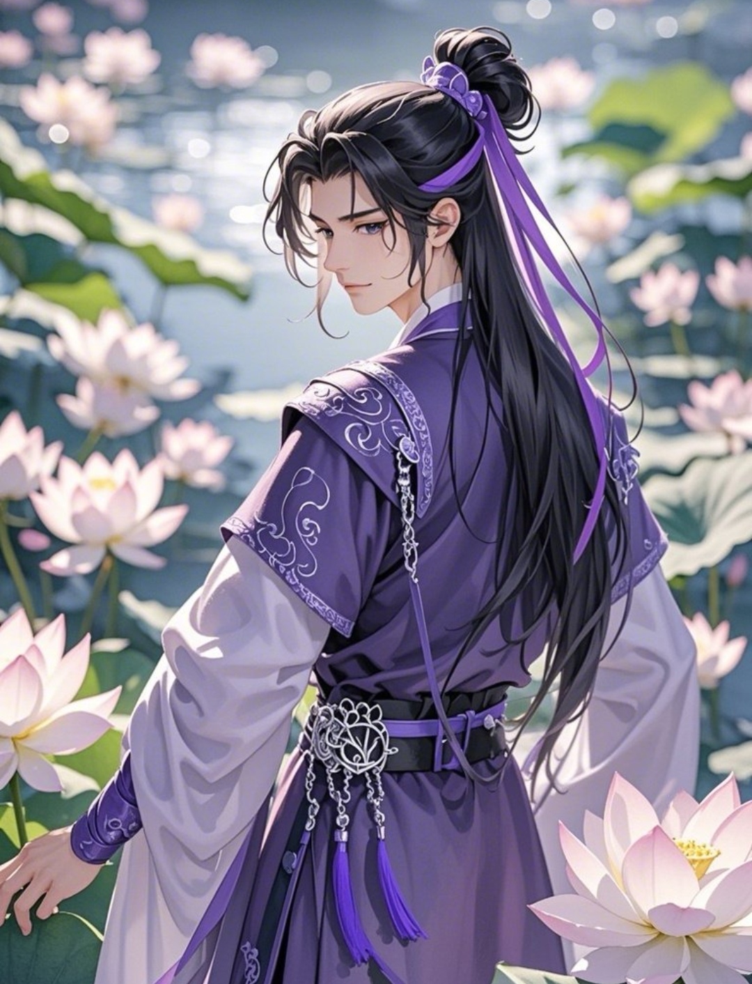 哇,这紫衣少年坐在莲花中,沉思的表情好迷人,仿佛在等一个浪漫的相遇
