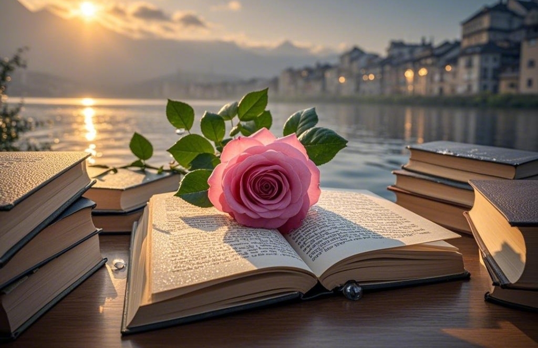 湖边晨读,一枝粉玫瑰悄然落在打开的书页间,阳光洒在水面上,波光粼粼