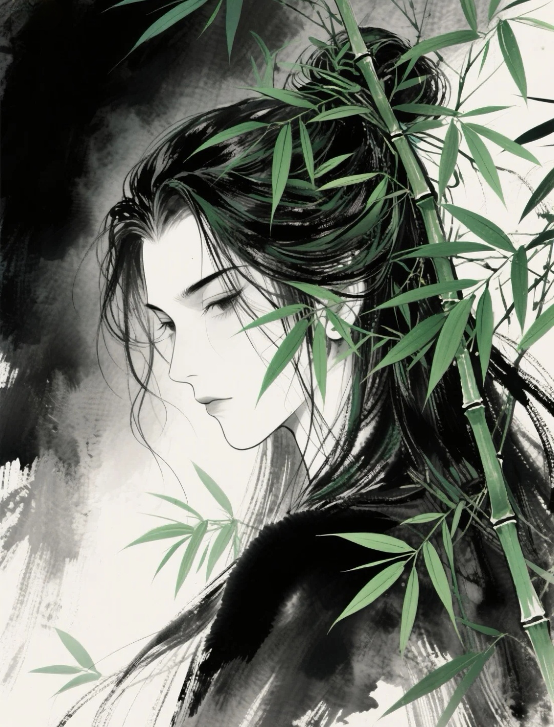 "沉浸在幽静竹林的男子,侧颜如诗,仿佛能感受到她内心的宁静与坚韧