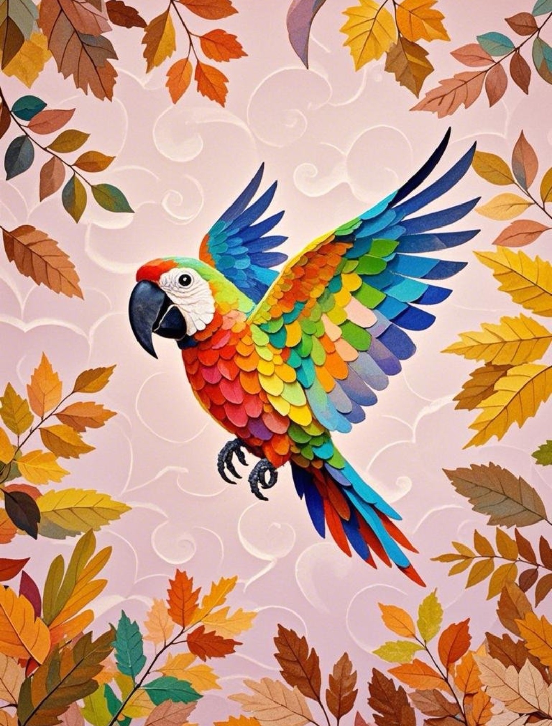 这只色彩斑斓的鹦鹉仿佛活了,跃然于缤纷秋叶之中,让人心情大好!