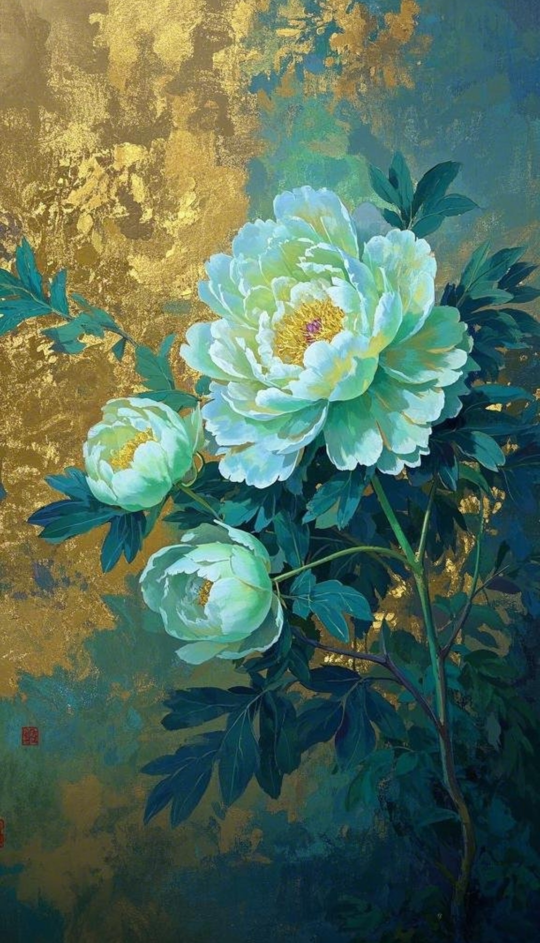 这幅画中的牡丹花简直太美了,金色的背景配上淡雅的蓝色花朵,让人仿佛