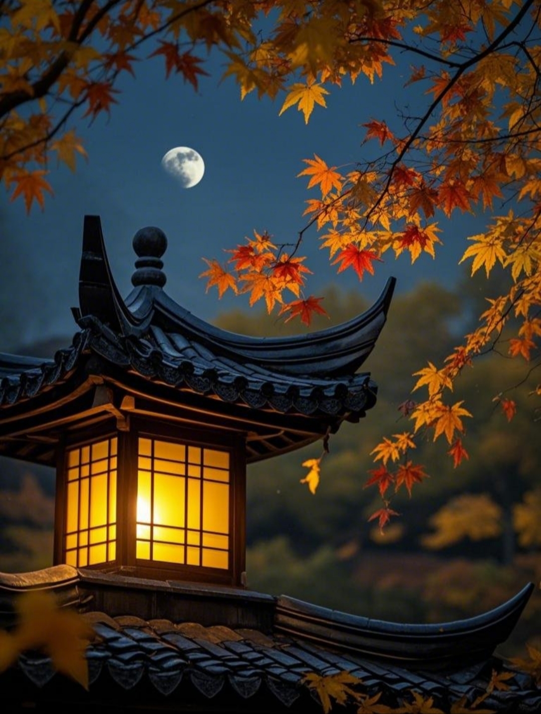夜幕降临,一盏古风灯笼在月光下静静守候,周围是火红叶子的包围,仿佛