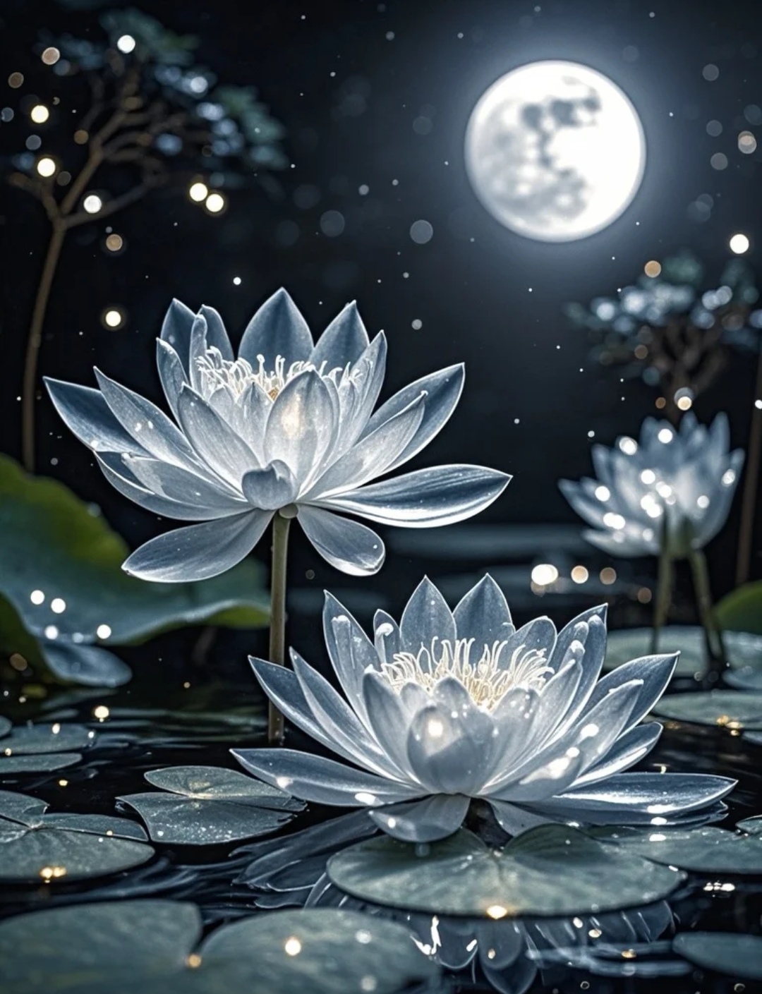 月光下的静谧花园,白莲花在池塘中悄然绽放,如梦似幻