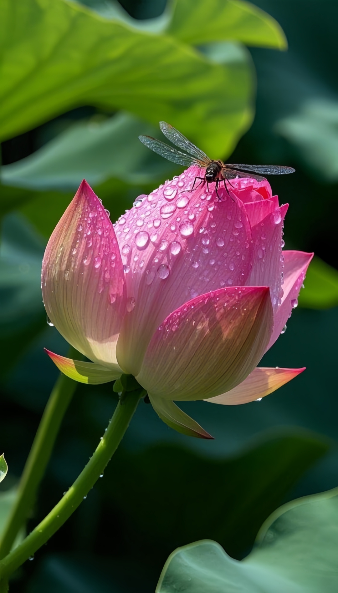 雨滴润泽下的粉嫩莲花,蜻蜓轻舞其间,宛如仙境