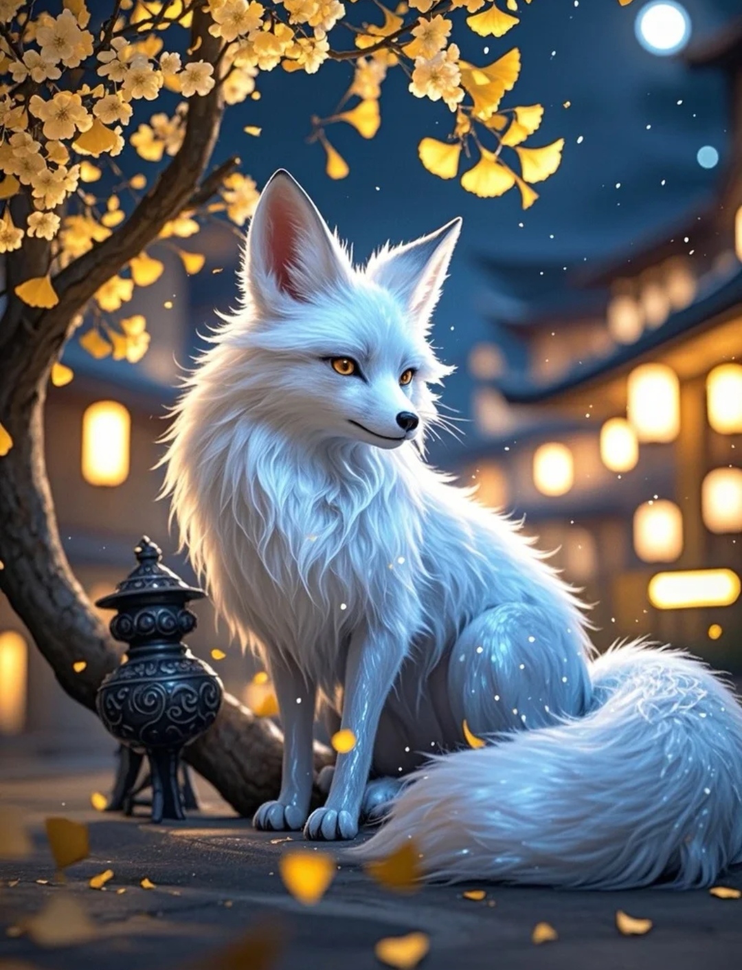 今晚的月亮好圆,我在古街上遇到了一只白狐狸,它坐在树下,尾巴像雪一