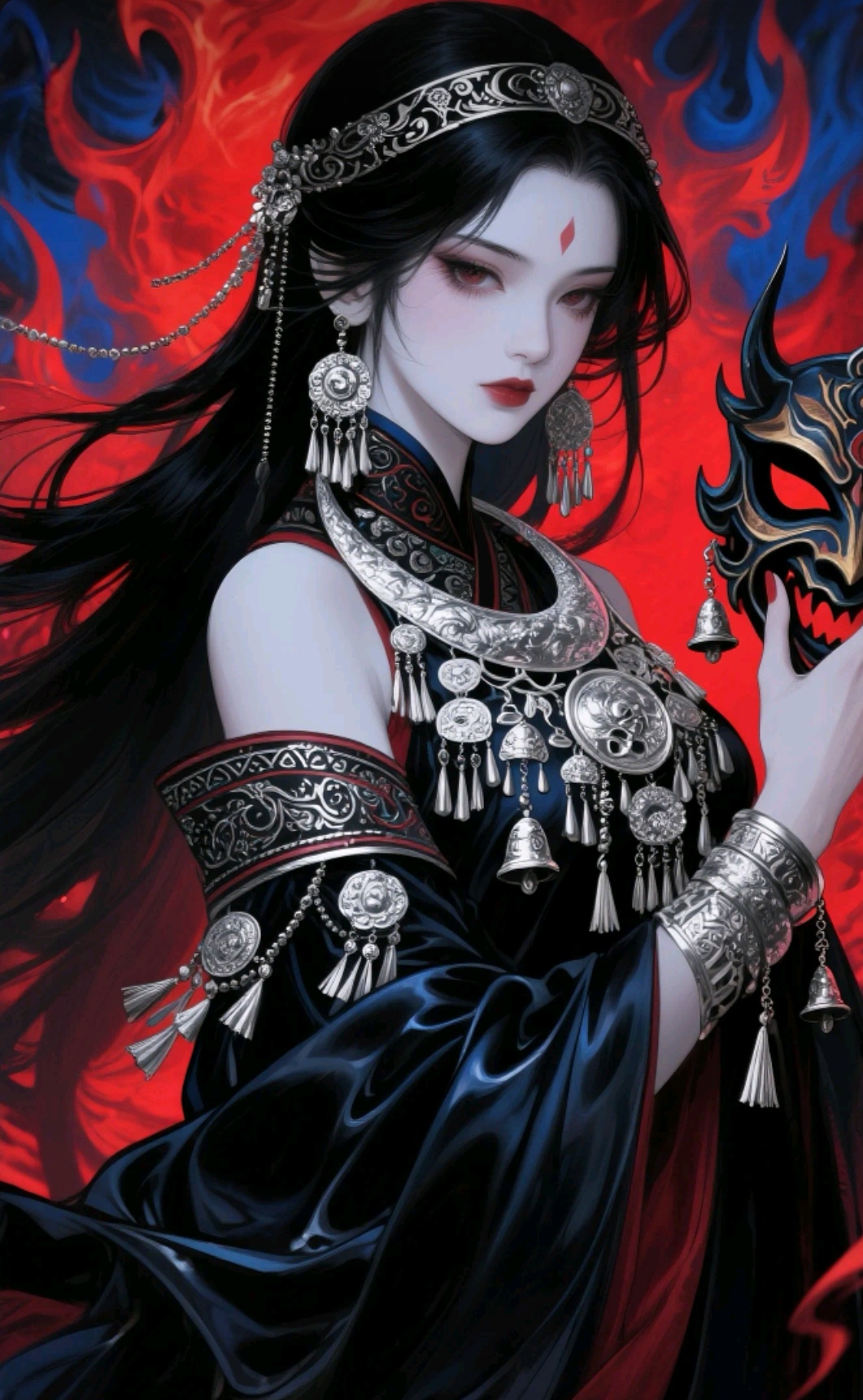 这幅画中的女子,身着华服,手持面具,眼神神秘而迷人,仿佛在诉说着古老
