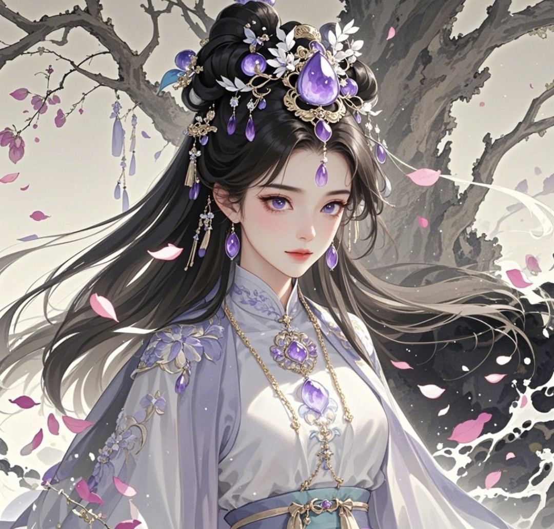 在樱花树下,她优雅地站立,紫水晶点缀的古装,散发着古典美