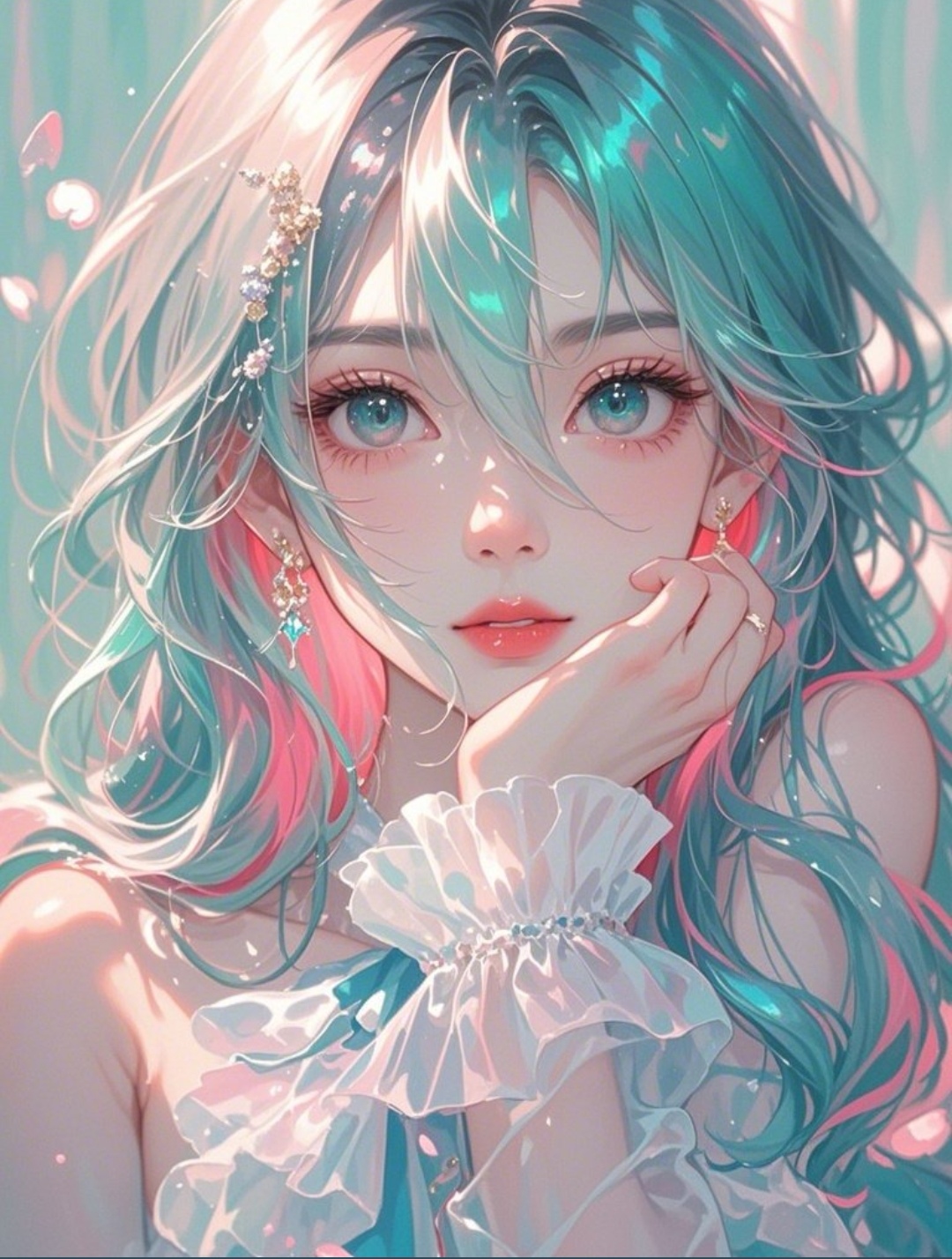 这幅画中的女孩,长发飘飘,眼神温柔,仿佛在诉说着她的梦幻世界