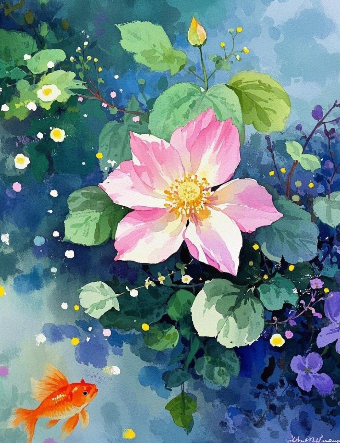 哇,这幅画捕捉了水面上宁静的一刻,粉红色的花和金鱼在阳光下显得格外