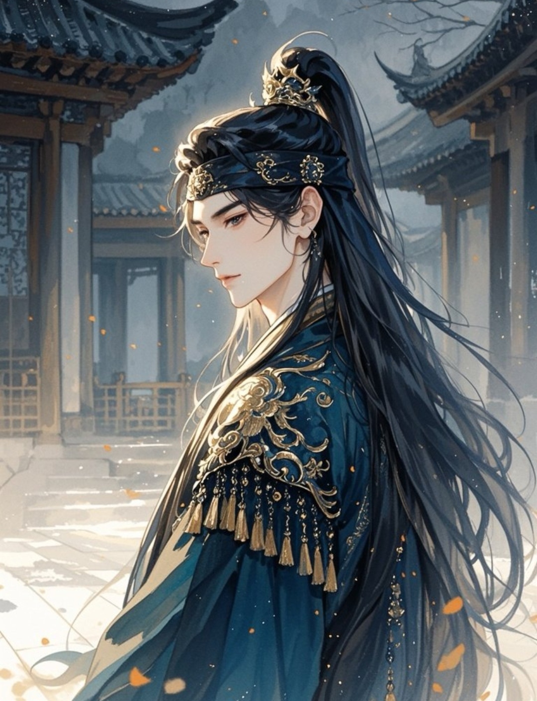 穿越时空的古风少年,漫步在传统建筑的庭院中,长袍随风轻摆,仿佛从