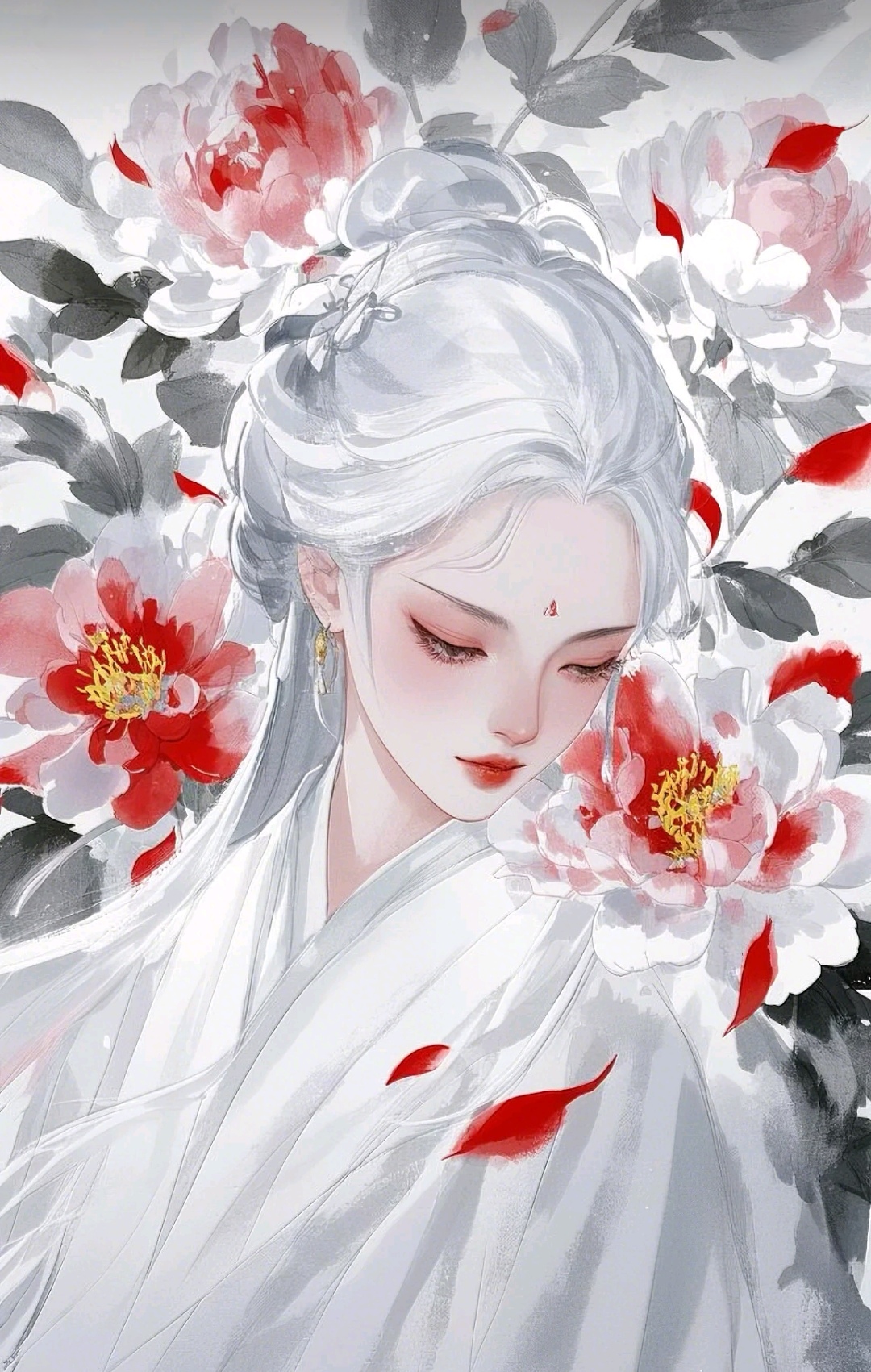 这幅画中的女子,仿佛从古风诗篇中走出,让人不禁想吟诵:"花开堪折直须
