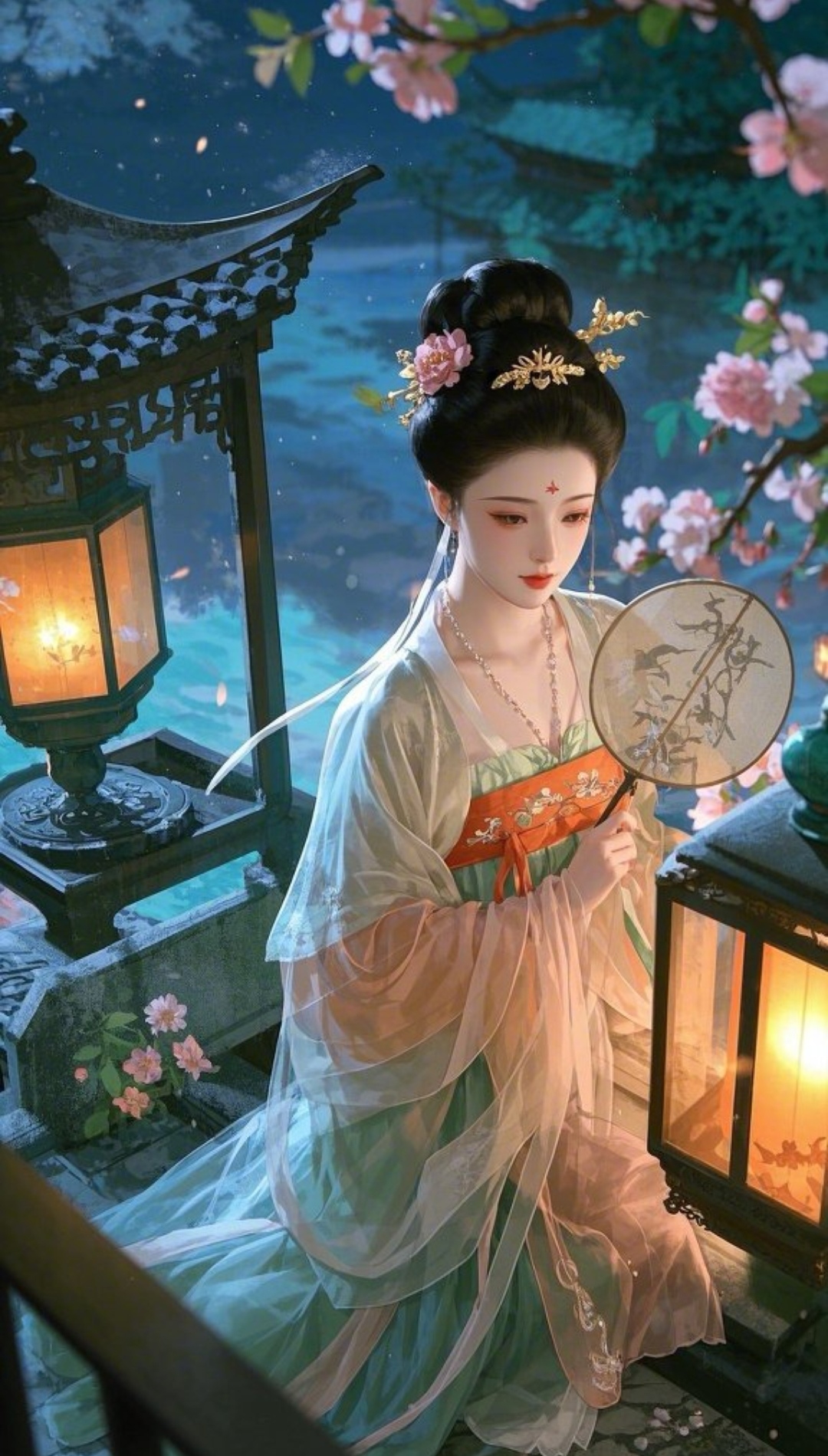 夜幕降临,灯火阑珊处,一位古典美人轻摇团扇,静静凝望远方,仿佛在等待