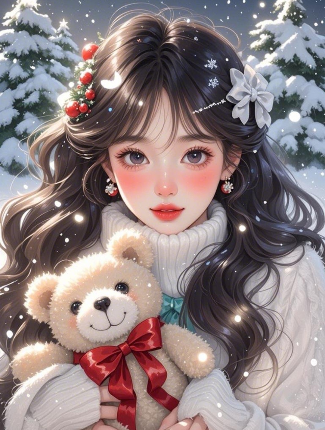 雪地里抱着小熊的女孩,温暖笑容仿佛冬日里的一抹暖阳