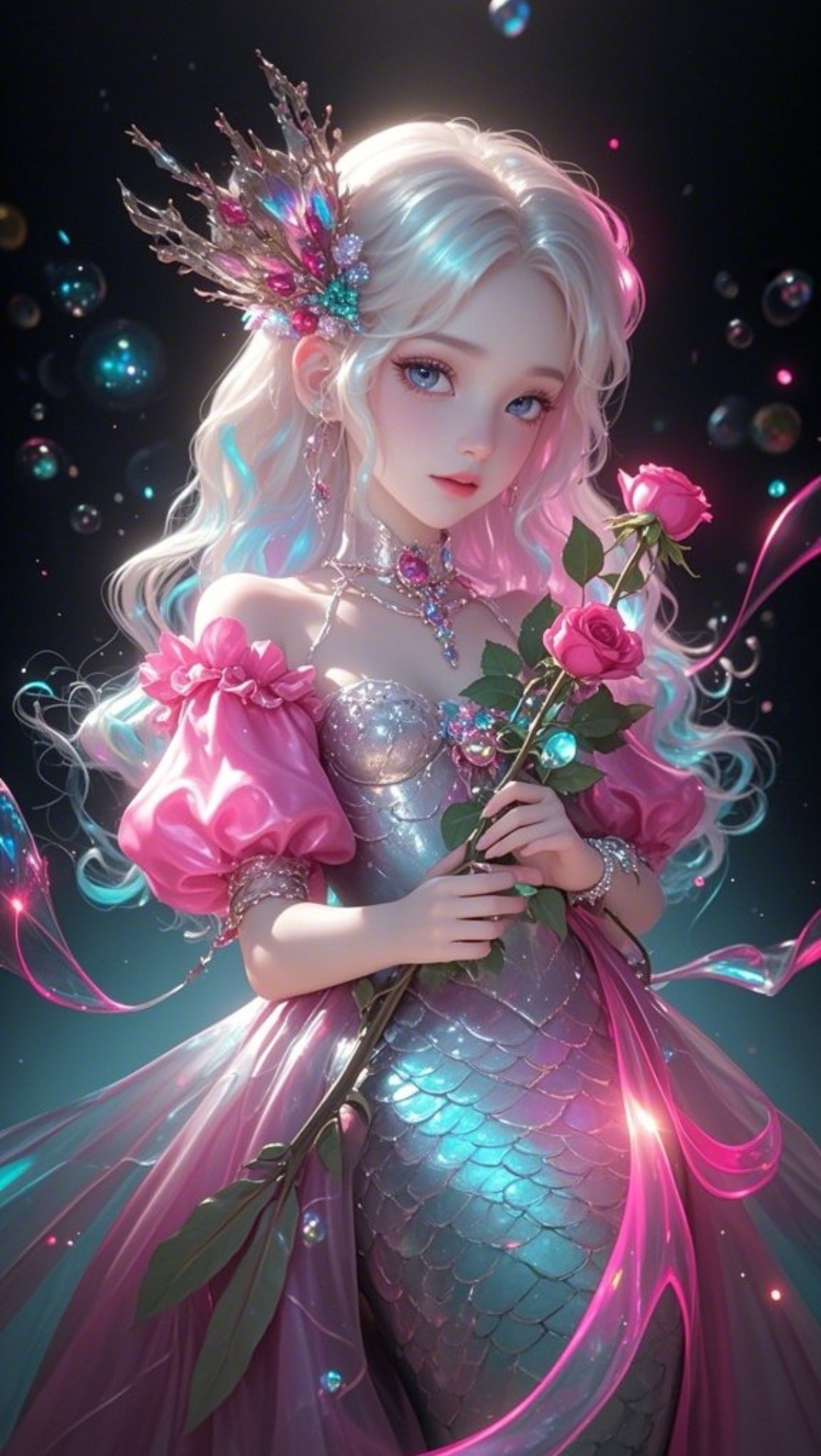 捕捉梦幻瞬间,美人鱼公主手持玫瑰,粉色泡泡中透露着神秘与浪漫