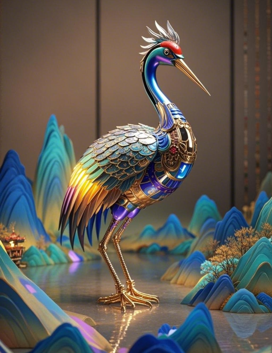 哇,这只鹤也太会穿搭了吧,金属光泽配上这身羽毛,简直美翻了!