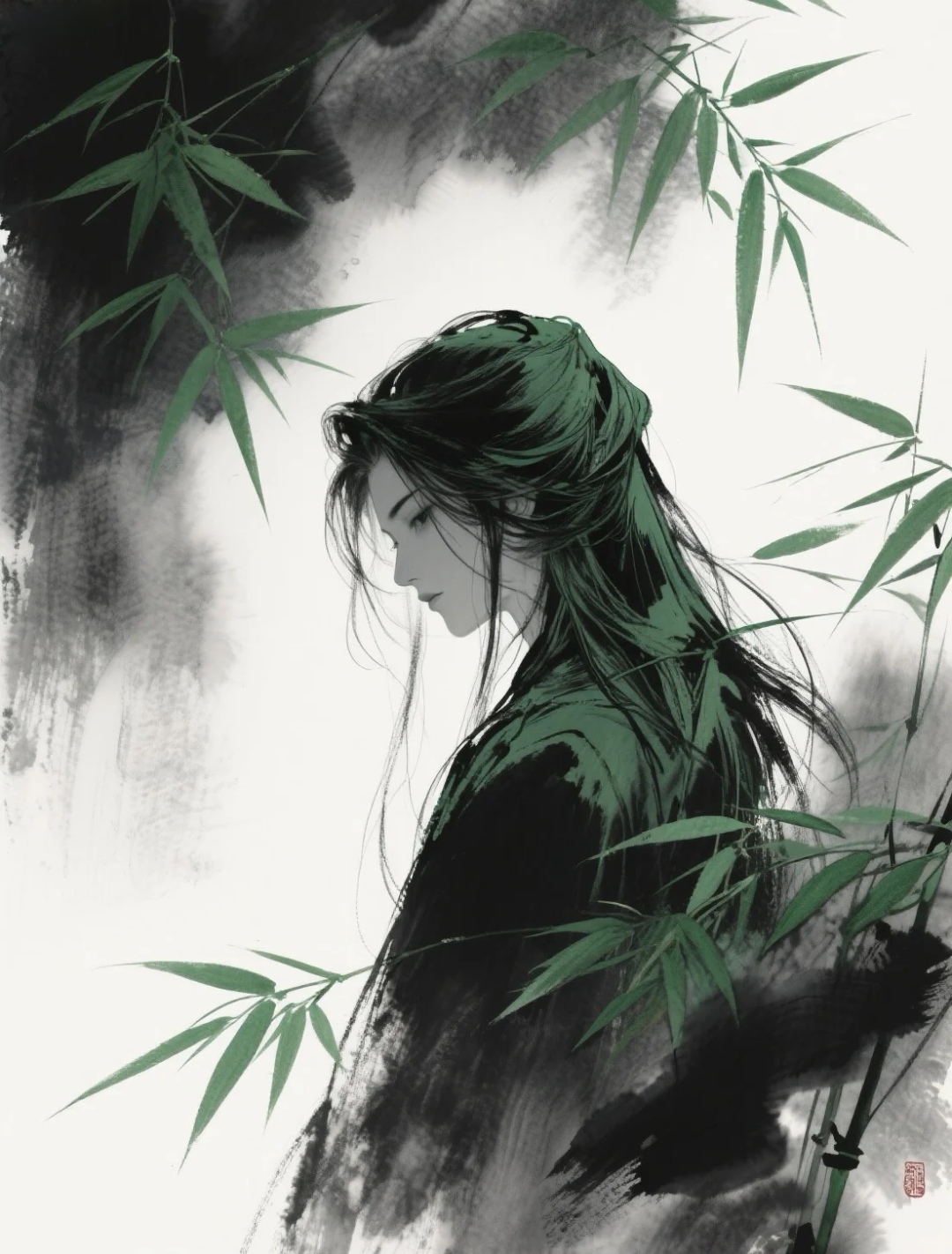 "沉浸在幽静竹林的男子,侧颜如诗,仿佛能感受到她内心的宁静与坚韧