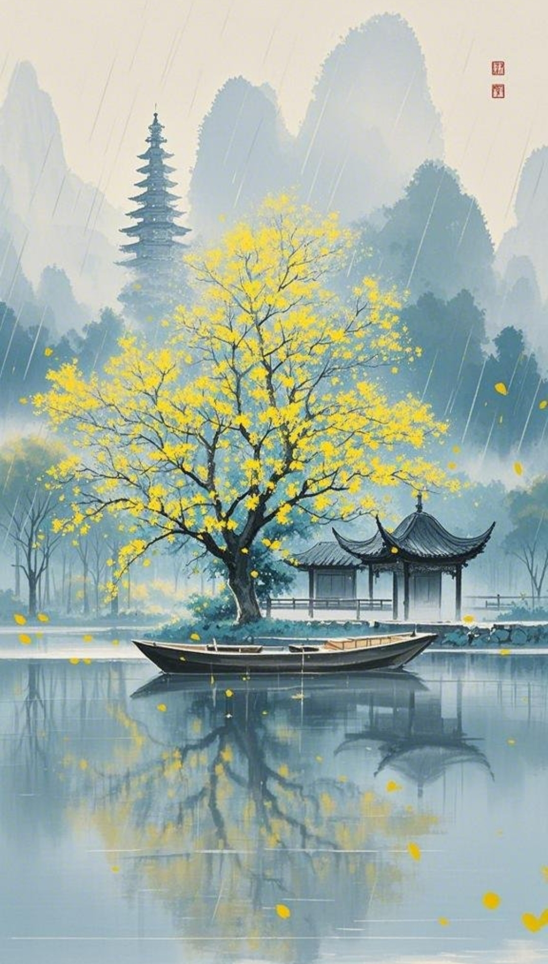 雨中泛舟湖面,亭台楼阁倒映其中,金黄树叶随风飘落,好一幅宁静山水画