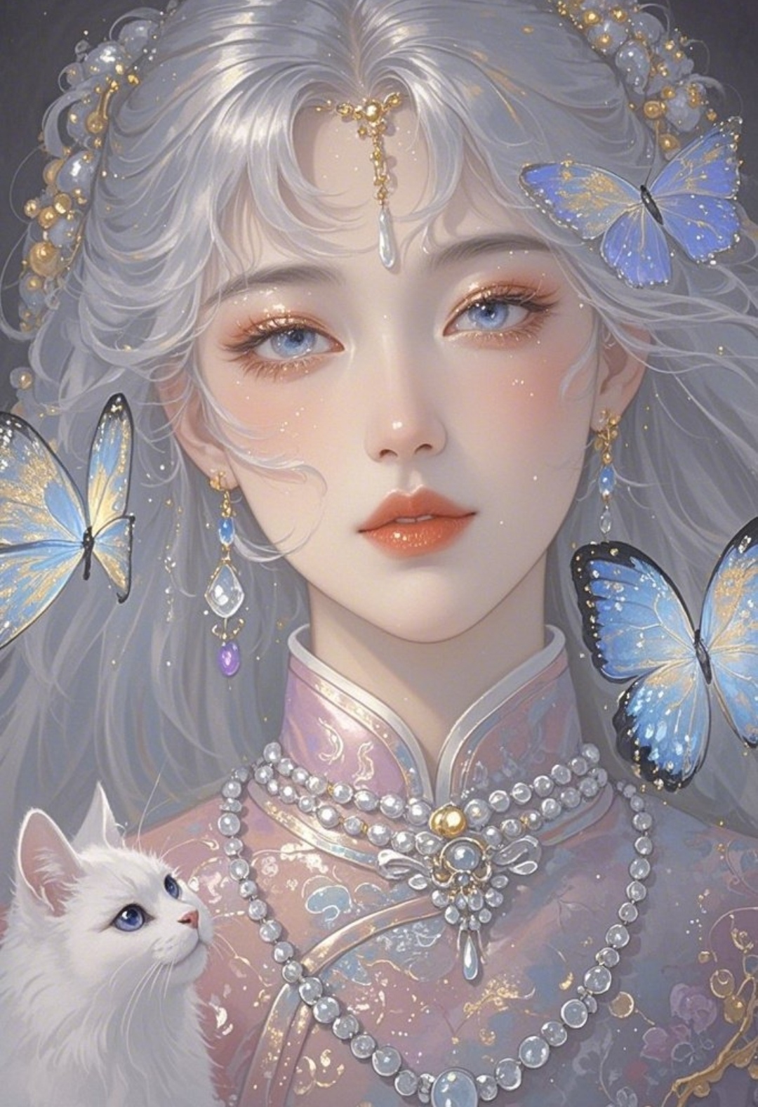 我捕捉到了一幅梦幻般的画面:一位银发少女与蝴蝶共舞,她的眼眸闪烁着