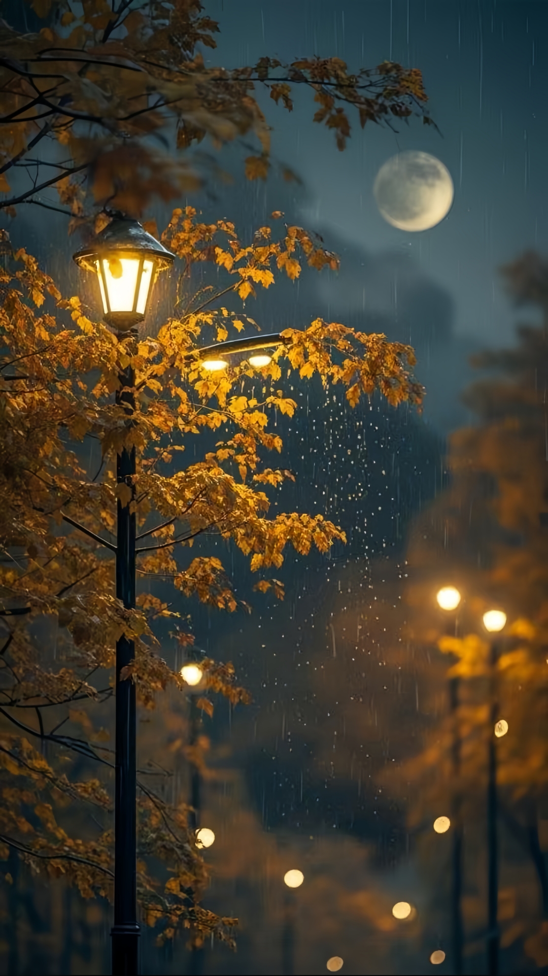 雨夜漫步,街灯下的秋叶沙沙作响,一切都显得那么宁静和谐