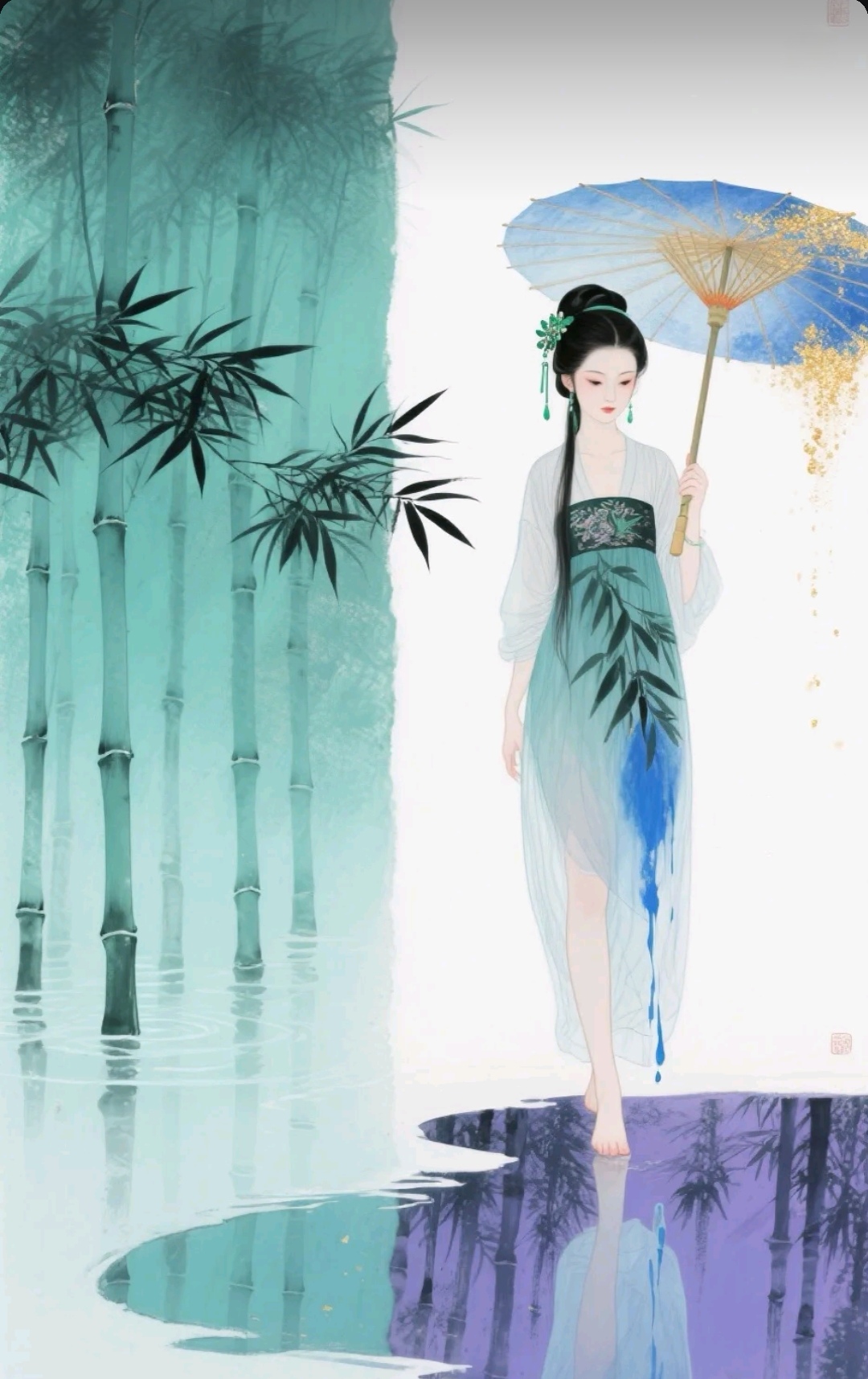 漫步竹林间,她手持画伞,宛如从古风画中走出的女子,清新脱俗