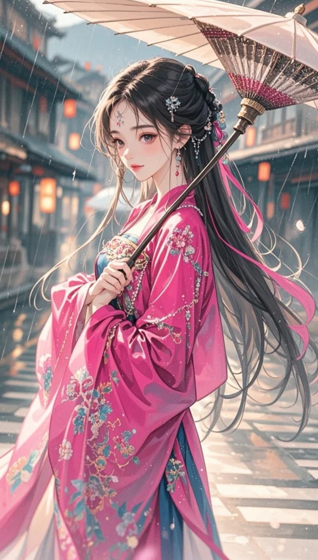 雨中漫步,粉衣女子撑伞,古典韵味十足.#优质头像每日推荐