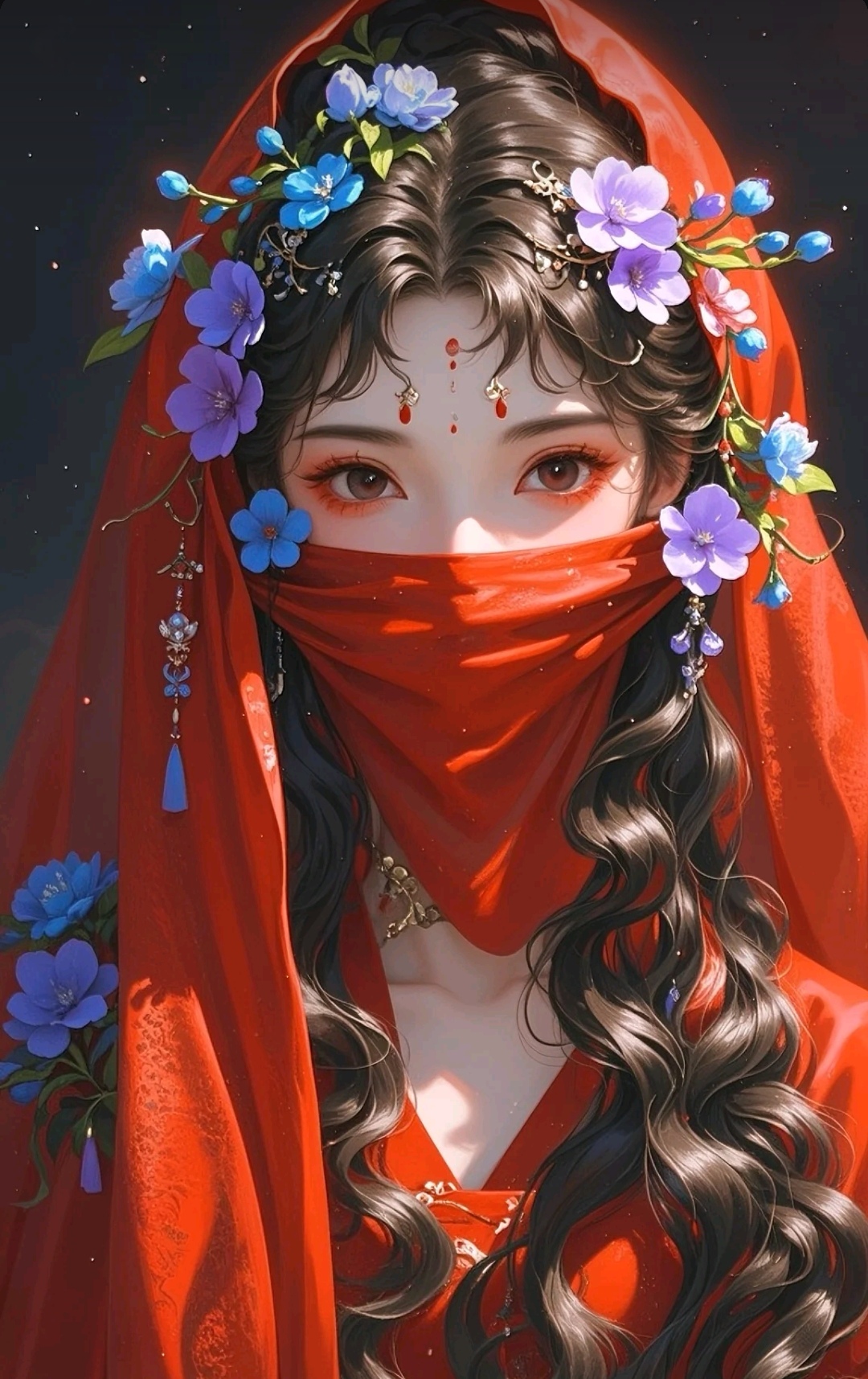 这幅画中的女子,身着红纱,头戴鲜花,眼神神秘而美丽,仿佛在诉说着古老