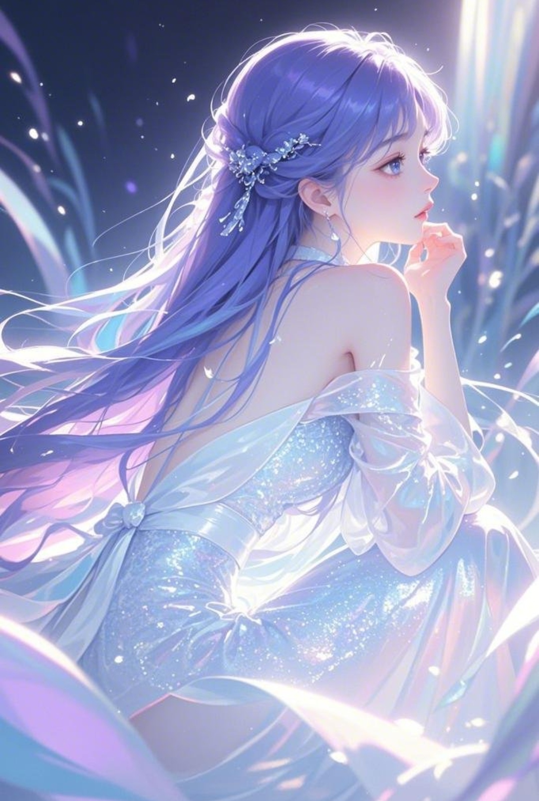 "梦幻蓝发闪耀,仙女落入凡间,捕捉这温柔一瞥,仿佛星空坠落裙摆