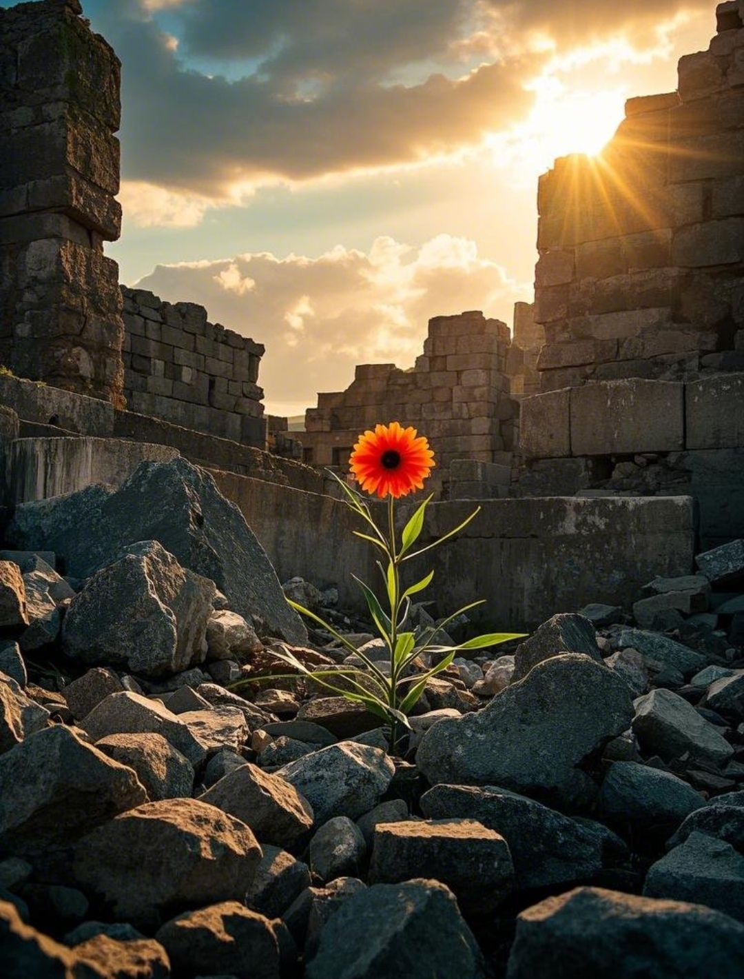 阳光正好,我在废墟中发现了一朵花,它开得真灿烂啊!